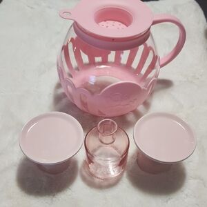 Pop Corn  Pot With Handle And Strainer & Candle Holders, Pink Glass Bottle.